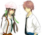  brown_hair cabbie_hat hair_ribbon hat long_hair necktie poke_ball pokemon red_eyes ribbon skirt smile suspenders translation_request twintails yellow_eyes 