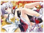  bare_shoulders detached_sleeves happy_birthday_(artist) inubashiri_momiji leaf legs maple_leaf on_back panties red_eyes sword touhou underwear weapon white_hair wolf_ears 