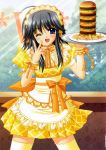  black_hair blue_eyes blush hamburger mayumi_thyme ribbons shuffle! suzuhira_hiro waitress wink 
