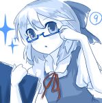  &#9320; ? adjusting_glasses ayafuya bad_id bespectacled book bow cirno glasses hair_bow monochrome sketch solo sparkle touhou 