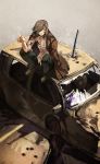  blood broken_glass brown_hair car cloak glass hair_over_one_eye mob_strike motor_vehicle open_clothes open_shirt shirt short_hair sitting sitting_on_car solo sword vehicle weapon 