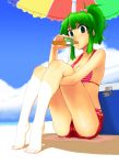  bad_id barefoot beach bikini_top bottle breasts cleavage cooler drinking feet green_eyes green_hair highres leg_hug legs makaze_hoihoi_chaahan_joutai original solo swimsuit toe-point 