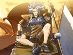  dragon grey_hair grin guilty_gear huge_weapon kliff_undersn manly official_art shorts shoulder_pads sitting wings young 