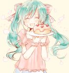  aqua_hair bangs bow cake casual closed_eyes food frosting fruit hair_bow happy hatsune_miku icing open_mouth pastry petals plate solo star strawberry striped twintails vocaloid wrist_cuffs yoshioka_mitsuko 