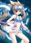  brown_hair feathers gloves hasumi_eri long_hair midriff miniskirt navel panties pantyshot red_eyes ribbon skirt smile solo tonfa twintails underwear vanguard_princess visor visor_cap weapon white_panties white_skirt 