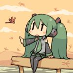  chan_co chibi clouds detached_sleeves dragonfly green_hair hatsune_miku headphones insect necktie open_mouth outstretched_arm pleated_skirt sitting sky thigh_boots twintails vocaloid water 