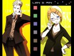  adult blonde_hair blue_eyes can formal glasses hair_ornament hairclip jewelry kagamine_len kagamine_rin kanipanda ring short_hair smile suit vocaloid 