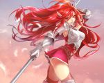  1girl armor armored_dress armpits bad_anatomy belt feathers fire_emblem fire_emblem:_kakusei garter_straps gauntlets gloves hair_between_eyes hanzoumon_(purinn1014) long_hair looking_at_viewer nintendo parted_lips polearm red_eyes red_legwear redhead revision skirt skirt_set smile solo spear thigh-highs cordelia_(fire_emblem) very_long_hair weapon wind 