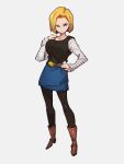  1girl android_18 ankle_boots bangs belt belt_buckle black_legwear black_shirt blonde_hair blue_eyes blue_skirt boots breasts brown_belt brown_footwear buckle collarbone denim denim_skirt dragon_ball dragon_ball_z expressionless eyelashes full_body grey_background hair_behind_ear hand_on_hip hand_on_own_chest hand_up horizontal_stripes kemachiku legs_apart long_sleeves looking_at_viewer medium_breasts pantyhose parted_bangs shiny shiny_hair shirt short_hair simple_background skirt solo straight_hair striped striped_shirt tsurime 