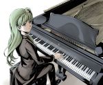  alternate_costume cover female formal frog from_above grand_piano green_eyes green_hair hair_ornament instrument kochiya_sanae kyuu_umi long_hair pant_suit parody piano piano_bench solo suit touhou tuxedo 