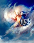  blue_eyes blue_hair cloud clouds hood hood_down kumoi_ichirin legs ponytail ria sky touhou unzan 