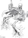  armor cape cyborg dr.cyborg gun monochrome open_mouth skeleton_warriors solo teeth 