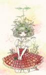  dress flower green_hair hair_ornament kazami_yuuka kneeling plaid_dress plant_girl red_eyes short_hair short_sleeves smile solo sprout sprout_on_head takatora touhou v_arms 