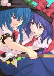  2girls bad_id blue_hair hat hinanawi_tenshi multiple_girls nagae_iku purple_eyes purple_hair red_eyes sword sword_of_hisou touhou weapon yude 