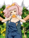  ass back-to-back blush breasts code_geass farm food fruit holding holding_fruit jeremiah_gottwald naked_overalls no_bra orange outdoors overalls pink_hair red_eyes sideboob tanan twintails 