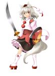  animal_ears detached_sleeves geta hat inubashiri_momiji miyuki_rei miyukirei red_eyes shield short_hair silver_hair solo sword tail tokin_hat touhou weapon wolf_ears wolf_tail 