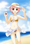  bikini breasts cable cable_divider digital_media_player earbuds front-tie_top hair_ornament hairclip hat headphones highres kimatg lowleg lowleg_bikini microsoft navel open_mouth original pink_eyes pink_hair product_placement sarong short_hair side-tie_bikini smile solo swimsuit underboob water zune 
