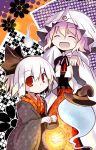  dollar ghost halloween hat jack-o'-lantern jack-o-lantern japanese_clothes konpaku_youmu konpaku_youmu_(ghost) multiple_girls myon pink_hair pumpkin red_eyes saigyouji_yuyuko short_hair silver_hair touhou witch_hat 