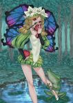 blonde_hair braid flower food forest frog fruit hair_ornament harmaline highres lily_pad lilypads mercedes nature odin_sphere pointy_ears red_eyes twin_braids water wings 
