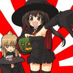  :&lt; ahoge black_hair brown_eyes brown_hair candy dd_(artist) elbow_gloves flat_chest gloves halloween hat jack-o'-lantern minami-ke minami_chiaki minami_kana multiple_girls open_mouth pumpkin thighhighs witch_hat 