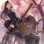  bag black_eyes black_hair bookbag bow cherry_blossoms dress duplicate highres katana lion long_hair mars_(artist) original scar school_bag school_uniform sheathed sword tree 