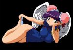  angel_wings bakuretsu_hunters bracelet breasts bun_cover chin_rest china_dress chinadress chinese_clothes daughter_(bakuretsu_hunters) dota double_bun dress impossible_clothes impossible_dress jewelry large_breasts lowres lying official_art on_side pointy_ears purple_hair shoes short_dress simple_background solo thighs wings 