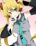  ayase08 blonde_hair blush cosplay detached_sleeves eating food food_on_face green_eyes hatsune_miku hatsune_miku_(cosplay) hoshii_miki idolmaster necktie onigiri pun2 rice_on_cheek rice_on_face solo twintails vocaloid 