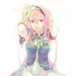  bad_id blue_eyes flower hair_flower hair_ornament hairband highres long_hair megurine_luka navel nicolat open_mouth pink_hair simple_background solo vocaloid 