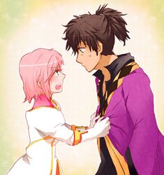  1girl black_hair estellise_sidos_heurassein gloves grab green_eyes muraosa_(conjecture) pink_hair ponytail raven short_hair tales_of_(series) tales_of_vesperia 