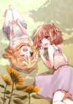  2girls blonde_hair breasts brown_hair flower hidamari_sketch lying miyako multiple_girls on_back one_eye_closed open_mouth quro_(black_river) short_hair smile strap_slip sunflower yuno 