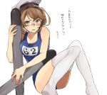  1girl alternate_costume bespectacled breasts brown_hair glasses green_eyes hitapita i-8_(kantai_collection) i-8_(kantai_collection)_(cosplay) kantai_collection knees_together_feet_apart looking_at_viewer mutsu_(kantai_collection) school_swimsuit short_hair simple_background sitting solo swimsuit thigh-highs torpedo translated white_background white_legwear 