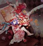  2girls bat_wings blonde_hair cathy_inaba flandre_scarlet flower from_above hat hat_ribbon highres looking_at_viewer lying mob_cap multiple_girls on_side purple_hair red_eyes remilia_scarlet ribbon rose short_hair siblings side_ponytail sisters smile touhou wings wrist_cuffs 