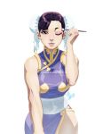  1girl applying_makeup brown_eyes brown_hair bun_cover china_dress chinese_clothes chun-li double_bun ear_studs earrings eyeshadow jeffrey_cruz jewelry lips makeup makeup_brush nose one_eye_closed sash short_hair side_slit sleeveless solo street_fighter white_background 