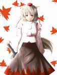  1girl animal_ears ao-shiba autumn_leaves bare_shoulders blush breasts detached_sleeves hat highres inubashiri_momiji leaf leaf_background looking_at_viewer navel pom_pom_(clothes) red_eyes short_hair silver_hair smile solo sword tail tokin_hat touhou weapon wolf_ears wolf_tail 