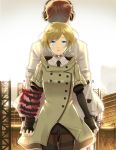  1boy 1girl accessory android back-to-back blonde_hair blue_eyes brown_hair coat fingerless_gloves freedom_wars gloves headphones holding_hands jacket necktie pea_coat una 