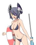  1girl bikini black_swimsuit breasts eyepatch headgear highres innertube kantai_collection kono_mama large_breasts navel open_mouth parasol short_hair simple_background solo swimsuit teeth tenryuu_(kantai_collection) umbrella white_background yellow_eyes 