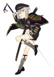  1boy cape dirty full_body green_eyes hair_flaps hat highres hotarumaru injury looking_at_viewer male_focus nodachi official_art parted_lips rururara sheath shoes short_hair shorts simple_background sock_garters socks sode solo torn_clothes touken_ranbu transparent_background 
