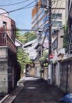  building cityscape colored_pencil_(medium) dated original power_lines real_world_location road road_sign ryota884 scenery shade shinjuku sign signature street telephone_pole tokyo_(city) traditional_media 