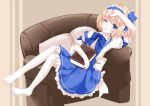  1girl alice_margatroid alice_margatroid_(pc-98) blonde_hair blue_eyes book bow chair grimoire hair_bow lying nanatuki13 on_back one_eye_closed open_mouth pantyhose pillow puffy_short_sleeves puffy_sleeves shirt short_sleeves skirt solo suspenders touhou touhou_(pc-98) white_legwear 