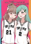  2girls aqua_hair basketball_uniform blush brown_hair closed_eyes hair_ornament hairclip kantai_collection kuma_(crimsonvanilla) kumano_(kantai_collection) long_hair multiple_girls national_basketball_association open_mouth ponytail san_antonio_spurs smile sportswear suzuya_(kantai_collection) tears 