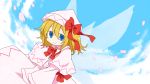  1girl blonde_hair blue_hair bow dutch_angle fairy fairy_wings hat hat_bow hat_ribbon leaning_forward lily_white looking_at_viewer petals ribbon short_hair sky smile solo touhou wings yamabuki_(yusuraume) 
