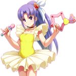 1girl choker cosplay creamy_mami creamy_mami_(cosplay) cure_fortune frilled_skirt frills hair_ornament happinesscharge_precure! heart_hair_ornament highres hikawa_iona long_hair looking_at_viewer magical_girl mahou_no_tenshi_creamy_mami ponytail precure purple_hair sayousuke simple_background skirt smile solo tagme white_background 
