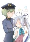  2girls asashimo_(kantai_collection) b-man bowtie closed_eyes female_admiral_(kantai_collection) grey_hair hair_over_one_eye hands_on_another&#039;s_shoulders hat kantai_collection long_hair military military_uniform multiple_girls naval_uniform peaked_cap school_uniform serafuku short_hair smile translated uniform 