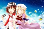  2girls blonde_hair bow brown_hair camera dress field flower flower_field gap hair_bow hat hat_bow lock long_hair looking_at_viewer maribel_hearn multiple_girls necktie open_mouth padlock photo_(object) ribbon short_hair skirt sky smile star_(sky) starry_sky suitcase sunflower tamasan touhou usami_renko yellow_eyes 