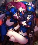  blue_eyes blue_hair boots braid breasts caitlyn_(league_of_legends) cleavage crossed_legs grin gun hat highres jinx_(league_of_legends) large_breasts league_of_legends lips liuruoyu8888 long_hair midriff miniskirt necktie pants picture_(object) police police_hat police_uniform policewoman purple_hair rifle skirt smile tagme uniform vi_(league_of_legends) weapon 