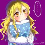  ... 1girl :o blonde_hair bow hair_bow head_tilt kirisame_marisa long_hair looking_at_viewer no_hat pillow pillow_hug purple_background rosette_(roze-ko) simple_background sleeves_past_wrists solo speech_bubble star_print touhou twitter_username yellow_eyes 