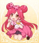  1girl bow brown_eyes clothes_around_waist double_bun double_v hair_bow jewelpet_(series) lady_jewelpet long_hair looking_at_viewer momona open_mouth pink_hair polka_dot polka_dot_bow ringo_yuyu skirt solo v 