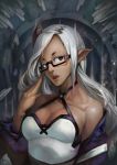  1girl absurdres bare_shoulders blue_eyes breasts collarbone ear_piercing glasses highres horn iorlvm large_breasts lips long_hair open_mouth original piercing solo white_hair 