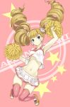  1girl arcana_heart arcana_heart_3 arm_up armpits bangs bare_shoulders blonde_hair blue_eyes blunt_bangs blush cheerleader drill_hair earrings flower goekawa hair_flower hair_ornament jewelry long_hair looking_at_viewer midriff navel petra_johanna_lagerkvist pink_legwear pom_poms shoes skirt smile sneakers solo thigh-highs twin_drills twintails very_long_hair 