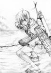  bow_(weapon) hakama_skirt japanese_clothes kaga_(kantai_collection) kantai_collection looking_at_viewer miru_(roche454) monochrome muneate quiver short_hair side_ponytail tasuki thigh-highs weapon yugake 